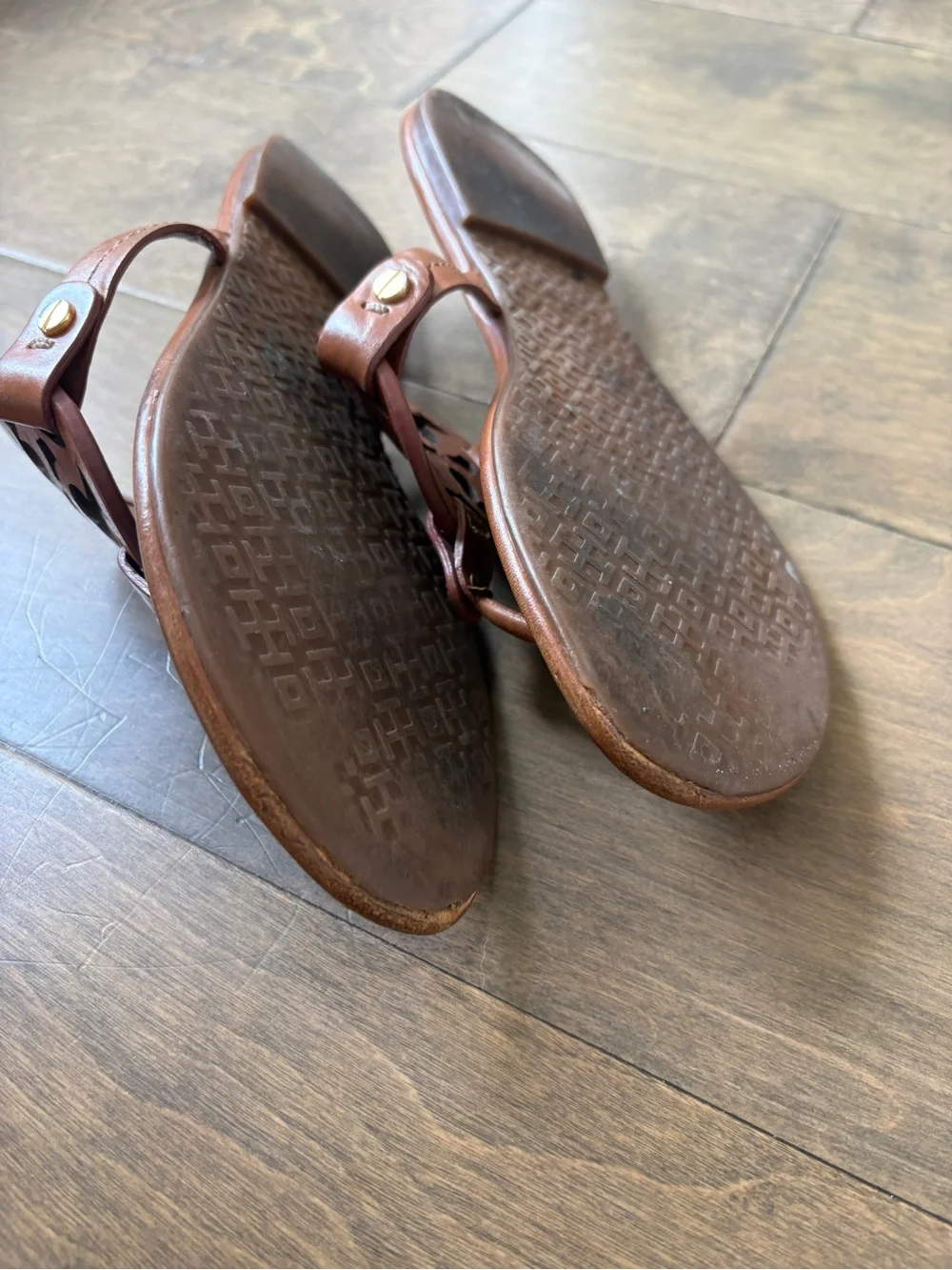 Tory Burch Brown Leather Logo Thong Sandals